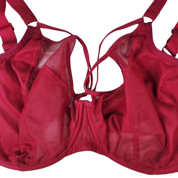 Elomi Sachi Underwire Plunge Bra Ruby Red 32M Wide Adj Unlined Sheer Unpadded - Picture 3 of 9